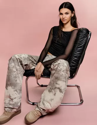 BERSHKA SERIES Camiseta manga larga tul fruncido Black