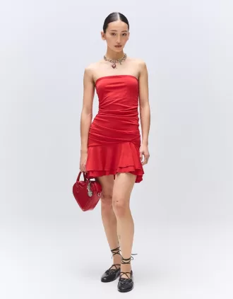 BERSHKA SERIES vestido corto drapeado con volantes Red