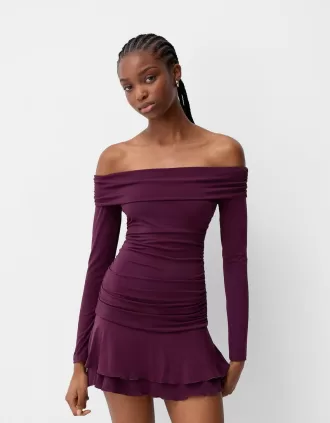 BERSHKA SERIES vestido mini con volantes y manga larga Maroon