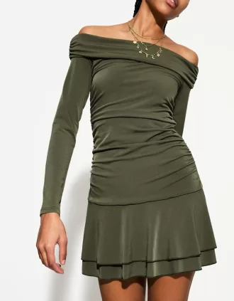 BERSHKA SERIES vestido mini con volantes y manga larga Khaki