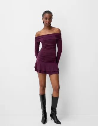 BERSHKA SERIES vestido mini con volantes y manga larga Maroon