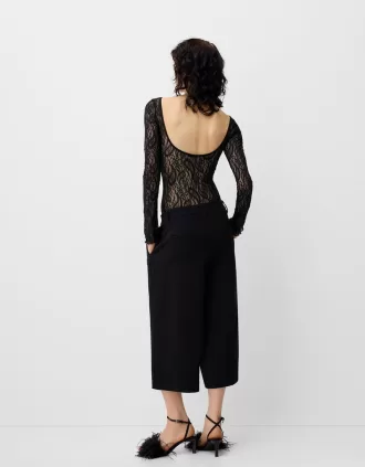 Body de encaje de manga larga Black