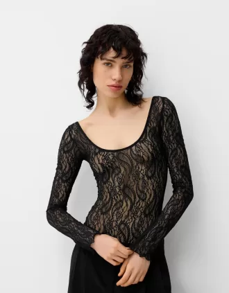 Body de encaje de manga larga Black