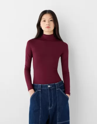 Body de manga larga con cuello alto Burgundy