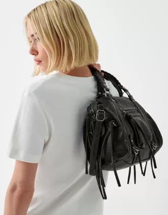 Bolso bowling efecto desgastado con asas Black
