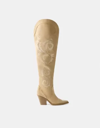 Botas cowboy de tacón alto hasta la rodilla BEIGE