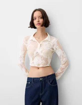 Camisa corta de jacquard Cream
