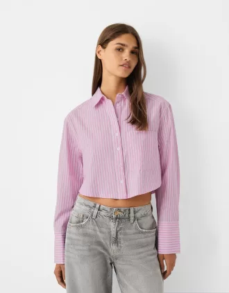 Camisa cropped de popelina con bolsillo Pink