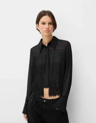 Camisa de gasa de manga larga con flecos Black