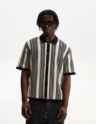 Camisa manga corta textura rayas White / Black