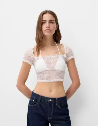 Camiseta Disney Bambi manga corta encaje Off white
