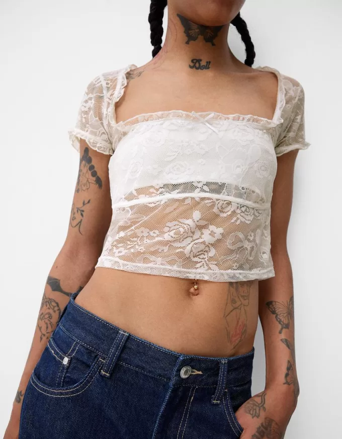 Camiseta Disney Bambi manga corta encaje Off white