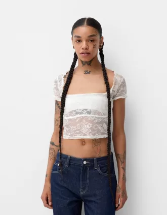 Camiseta Disney Bambi manga corta encaje Off white