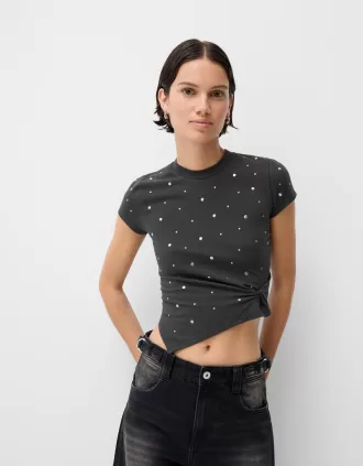 Camiseta asimétrica de manga corta con tachuelas Grey
