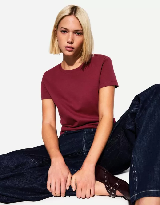 Camiseta de algodón grueso de manga corta Burgundy