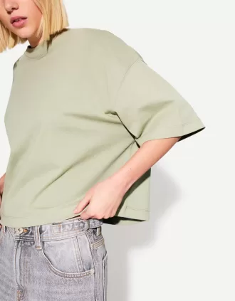 Camiseta de manga corta con corte cuadrado de algodón grueso Khaki