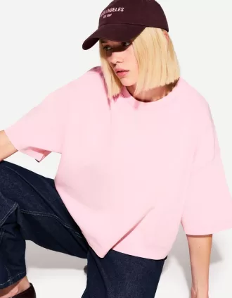 Camiseta de manga corta con corte cuadrado de algodón grueso Pink