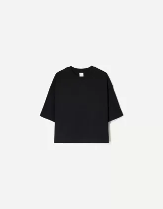 Camiseta de manga corta con corte cuadrado de algodón grueso Black