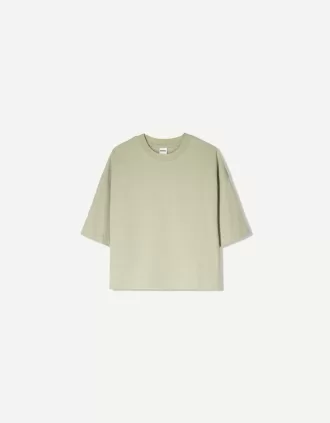 Camiseta de manga corta con corte cuadrado de algodón grueso Khaki