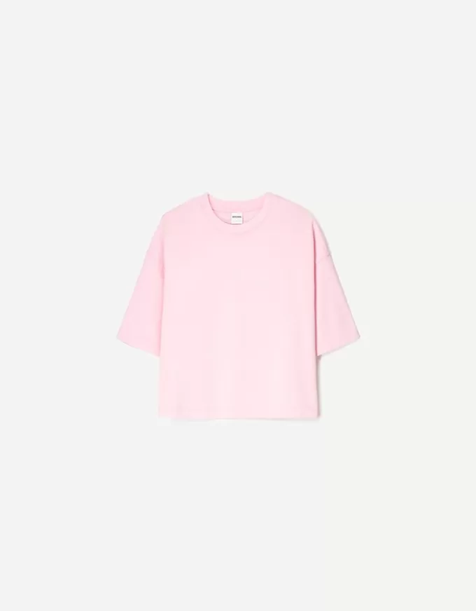 Camiseta de manga corta con corte cuadrado de algodón grueso Pink