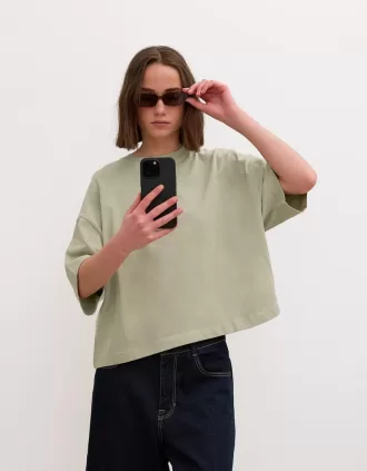 Camiseta de manga corta con corte cuadrado de algodón grueso Khaki