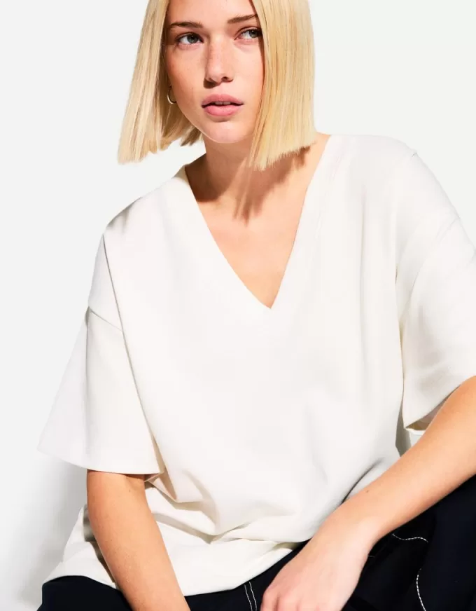 Camiseta de manga corta con cuello en V de algodón grueso Off white
