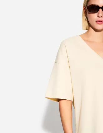 Camiseta de manga corta con cuello en V de algodón grueso Cream