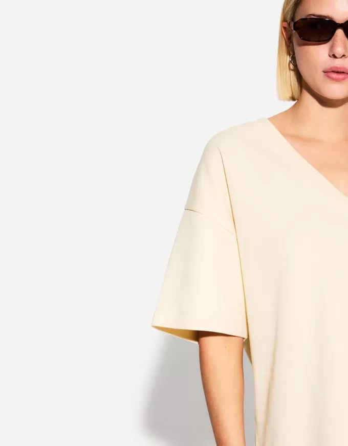 Camiseta de manga corta con cuello en V de algodón grueso Cream