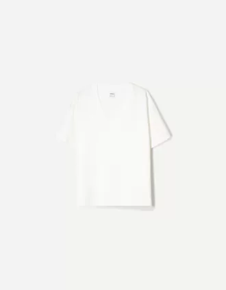 Camiseta de manga corta con cuello en V de algodón grueso Off white