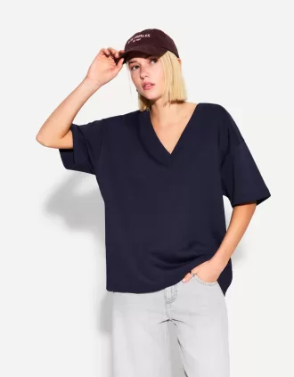Camiseta de manga corta con cuello en V de algodón grueso Navy