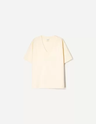 Camiseta de manga corta con cuello en V de algodón grueso Cream