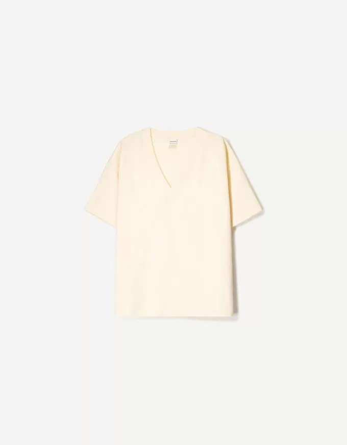 Camiseta de manga corta con cuello en V de algodón grueso Cream