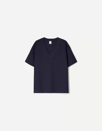 Camiseta de manga corta con cuello en V de algodón grueso Navy