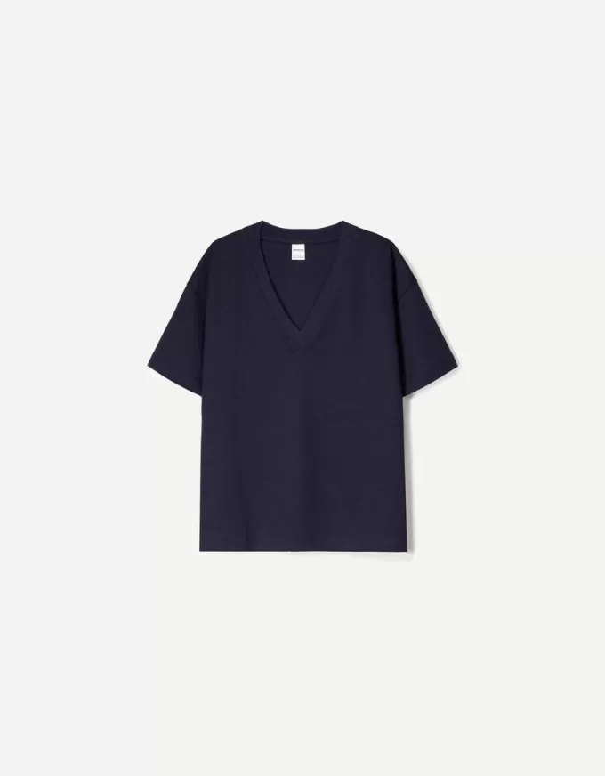 Camiseta de manga corta con cuello en V de algodón grueso Navy