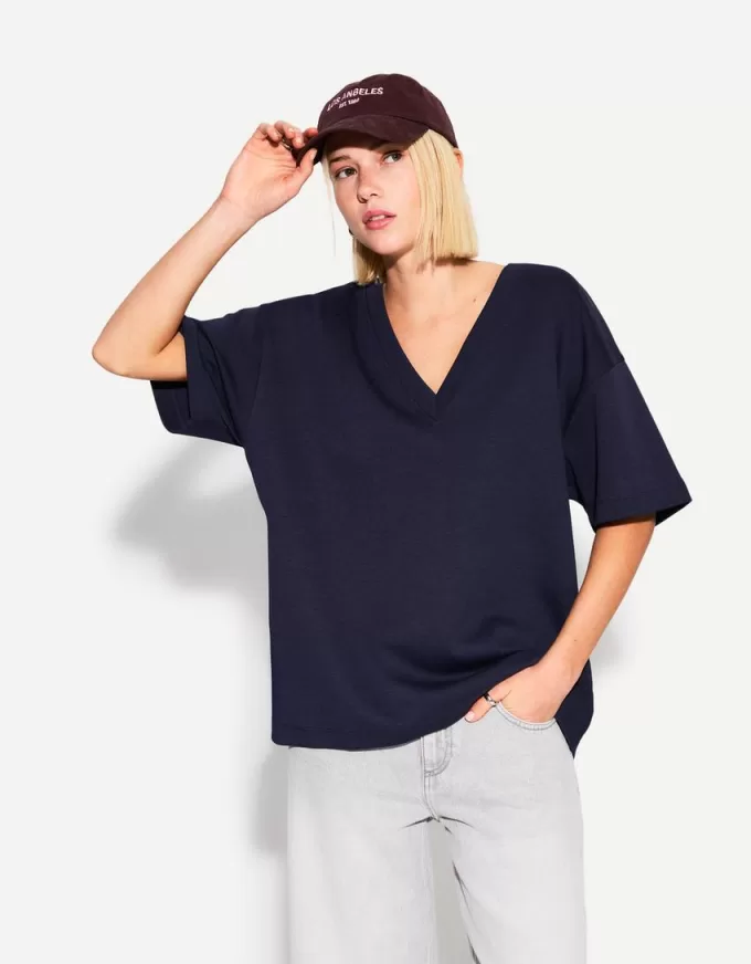 Camiseta de manga corta con cuello en V de algodón grueso Navy