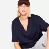 Camiseta de manga corta con cuello en V de algodón grueso Navy