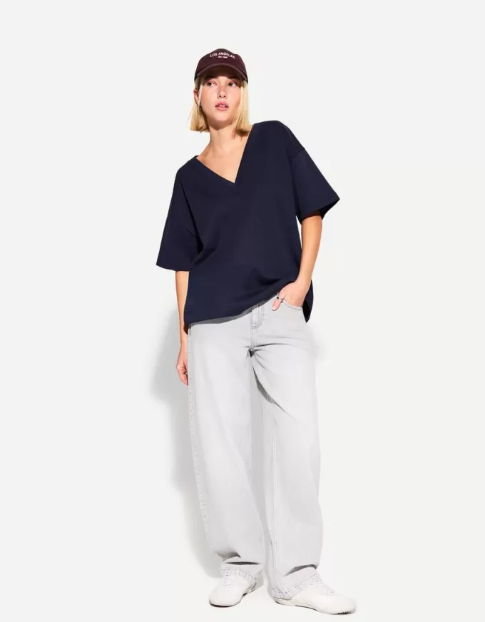 Camiseta de manga corta con cuello en V de algodón grueso Navy