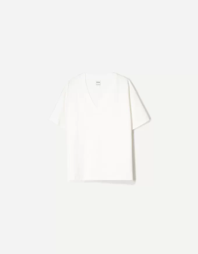 Camiseta de manga corta con cuello en V de algodón grueso Off white