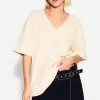 Camiseta de manga corta con cuello en V de algodón grueso Cream