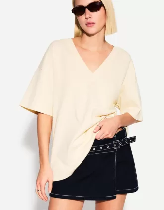 Camiseta de manga corta con cuello en V de algodón grueso Cream