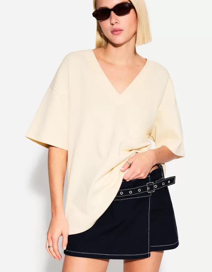 Camiseta de manga corta con cuello en V de algodón grueso Cream