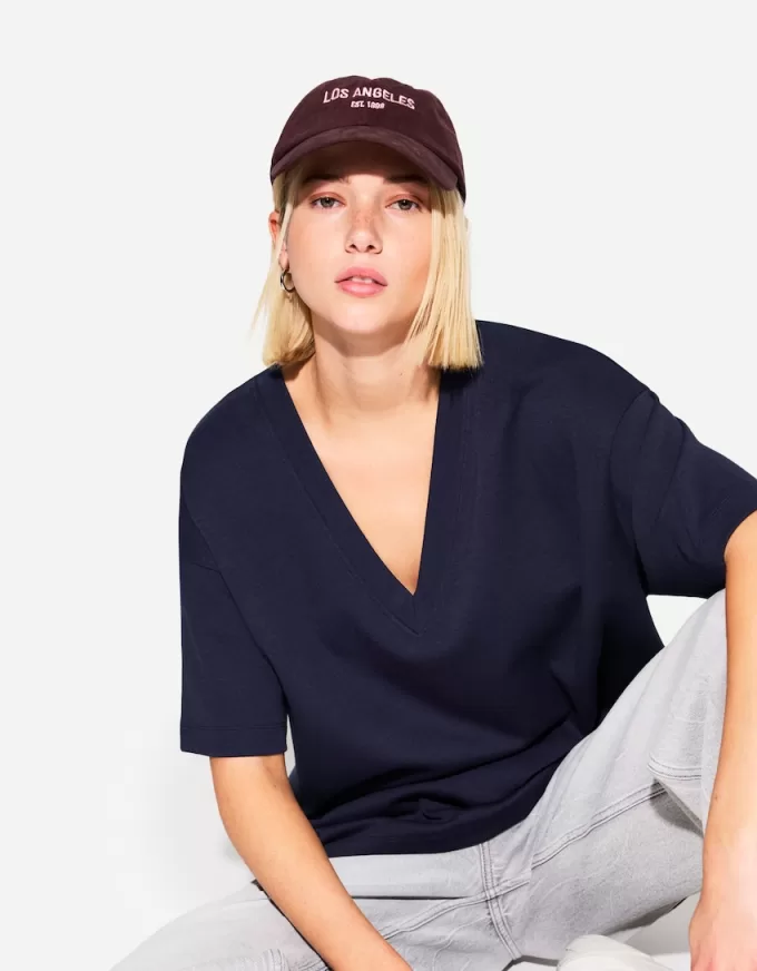 Camiseta de manga corta con cuello en V de algodón grueso Navy