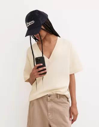 Camiseta de manga corta con cuello en V de algodón grueso Cream
