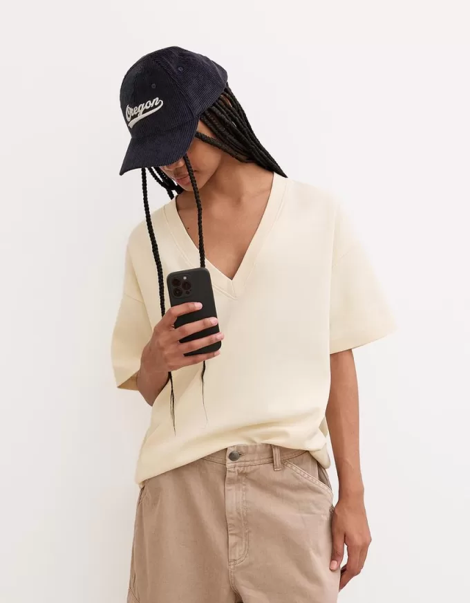 Camiseta de manga corta con cuello en V de algodón grueso Cream
