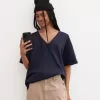 Camiseta de manga corta con cuello en V de algodón grueso Navy