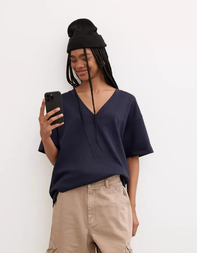Camiseta de manga corta con cuello en V de algodón grueso Navy