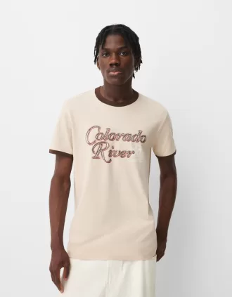 Camiseta de manga corta con ribetes de canalé en contraste Camel