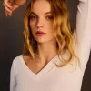 Camiseta de manga larga con escote en pico fruncido Cream