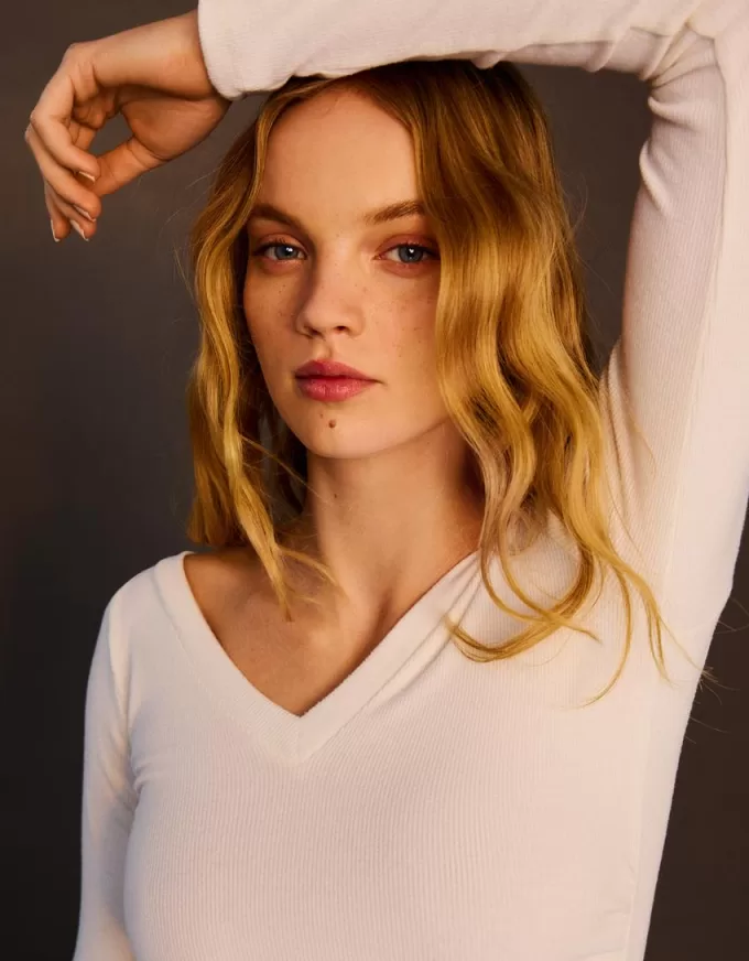 Camiseta de manga larga con escote en pico fruncido Cream