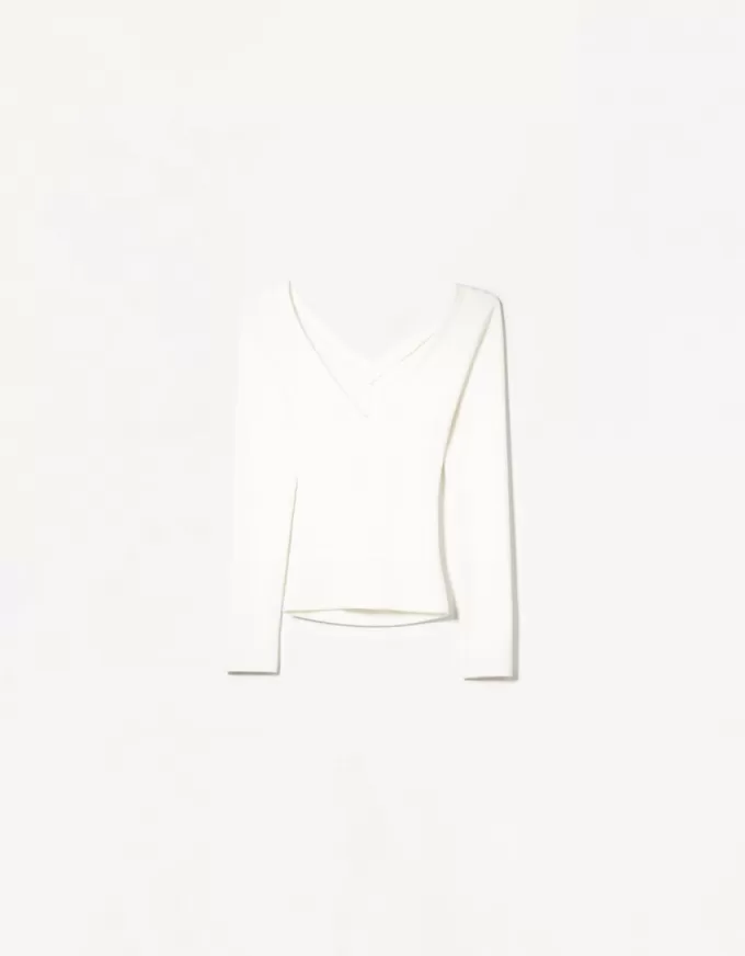 Camiseta de manga larga con escote en pico fruncido Cream
